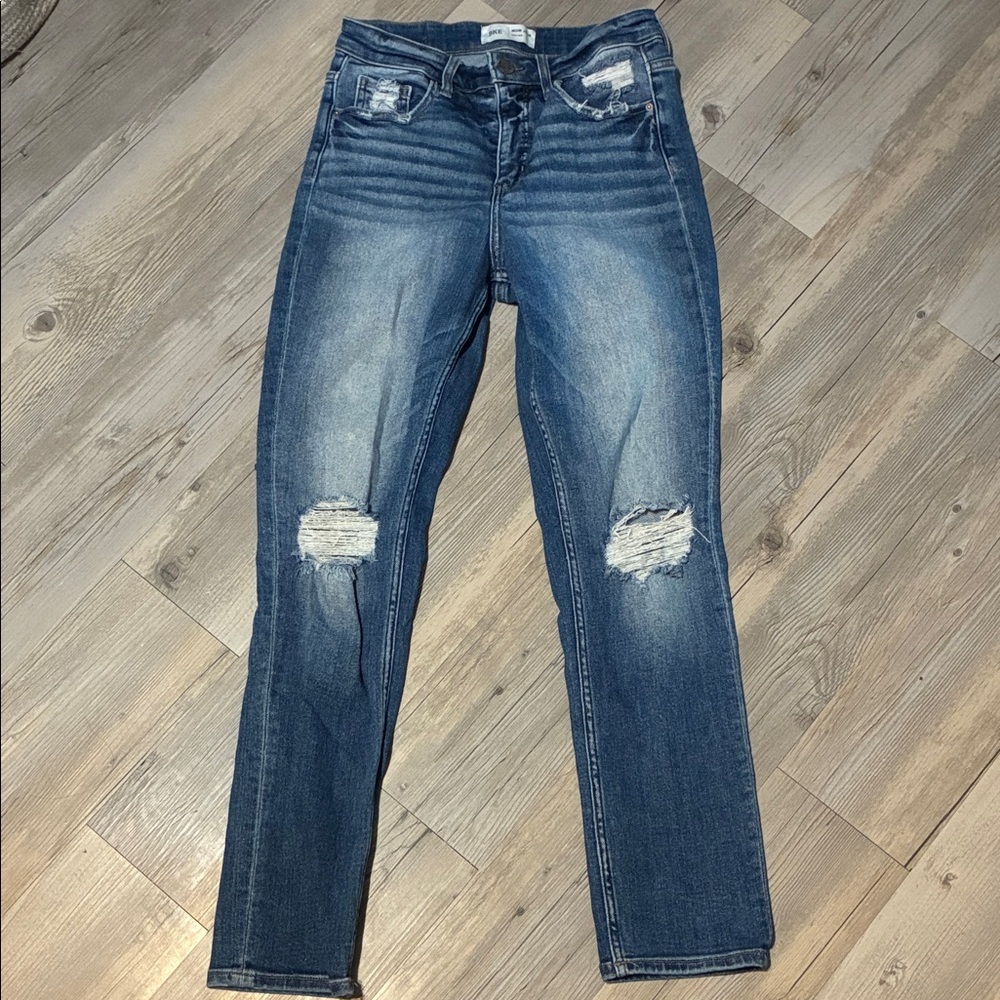 BKE Women's Distressed Dark Blue high rise mom skinny jean - Picture 2 of 4